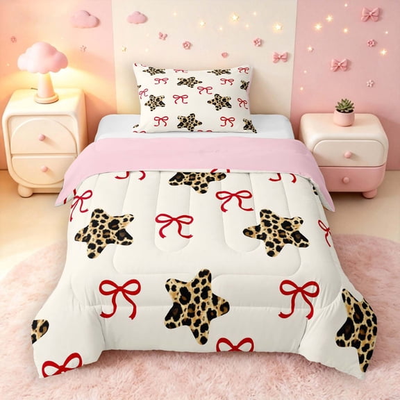 Manfei Cute Leopard Stars Print Twin Comforter Sets,Cartoon Red Bows Bedding Set,Pink Reversible,2-Piece,1 Comforter and 1 Pillowcase