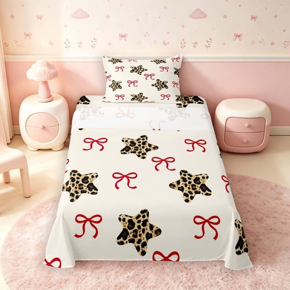 Manfei Cute Leopard Stars Print Twin Sheets,Cartoon Red Bows Bedding,3-Piece,1 Flat Sheet,1 Fitted Sheet and 1 Pillowcase