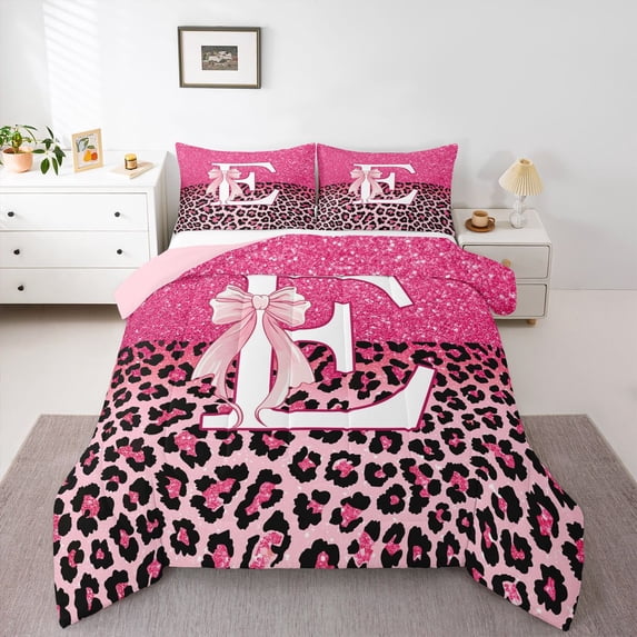 Manfei Cute Letter E Queen Comforter Set,Pretty Bowtie Comforter Sets Queen,Pink,Pink Reversible,3pcs,1 Comforter and 2 Pillowcases