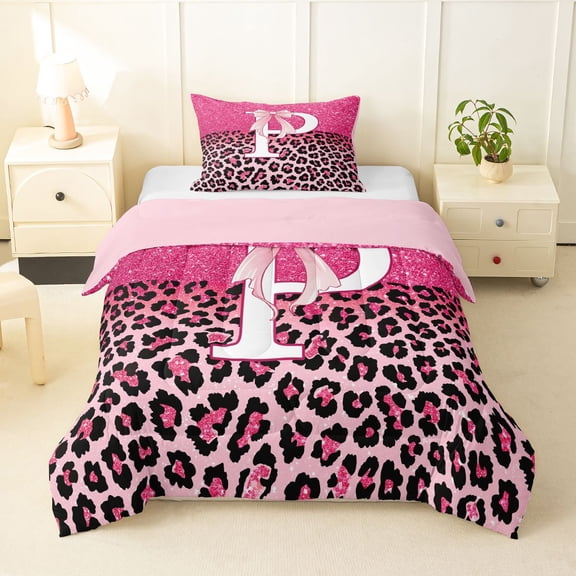 Manfei Cute Letter P Print Twin Comforter Sets,Chic Leopard Bedding Set,Pink,Pink Reversible,2-Piece,1 Comforter and 1 Pillowcase