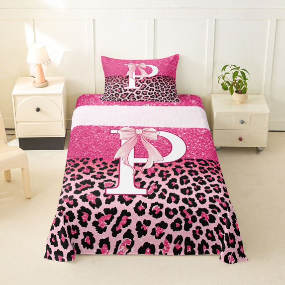 Manfei Cute Letter P Print Twin Sheets,Chic Leopard Bedding,Pink,3-Piece