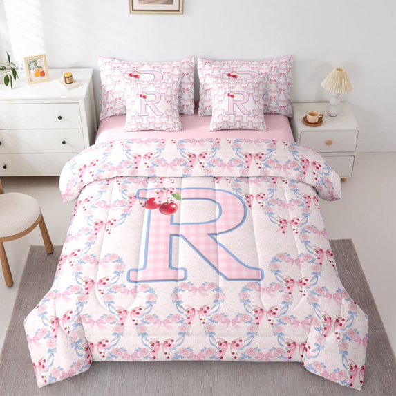 Manfei Cute Letter R 7-Piece King Bedding,Sweet Cherry Bow King Bed in a Bag,Pink,Pink Reversible