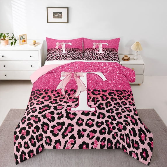 Manfei Cute Letter T Queen Comforter Set,Classic Leopard Pattern Comforter Sets Queen,Pink,Pink Reversible,3pcs,1 Comforter and 2 Pillowcases