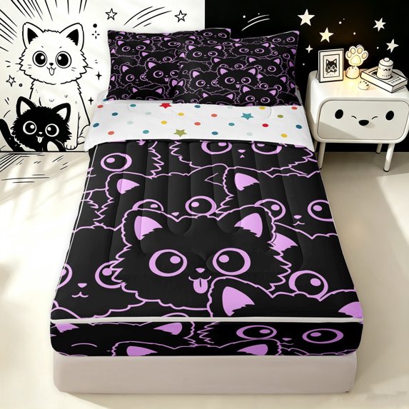 Manfei Cute Lines Cat Zipper Full Size Comforter Sets with Fitted Sheet and 2 Pillowcases, Cartoon Kitten Zipper Bedding Set, Black Orchid, Polkadot Reversible, 4pcs