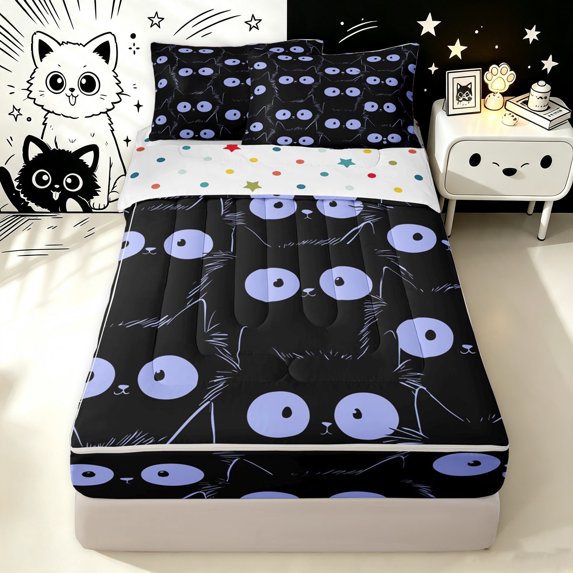 Manfei Cute Lines Cat Zipper Queen Comforter Set with Fitted Sheet and 2 Pillowcases, Abstract Kitten Zipper Bedding Set, Black Blue, Polkadot Reversible, 4-Piece