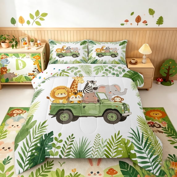 Manfei Cute Lion Elephant King Size Comforter Sets, Zoo TruckAnimal Comforters King Size, White Sage, Polkadot Reversible, 3 Pieces, 1 Comforter and 2 Pillowcases