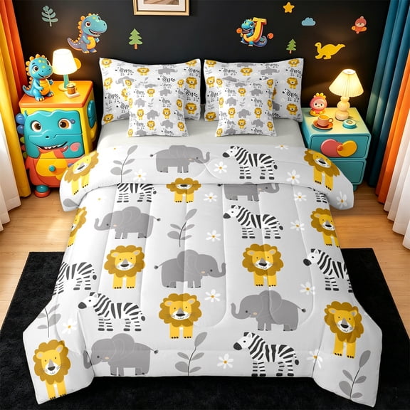 Manfei Cute Lions Elephant 7-Piece Twin Bedding Sets,Zoo Animal Zebra Bedding Comforter Set,Kawaii Daisy Flower Sheet Sets For Kids,Ultra Soft Home Decor Reversible