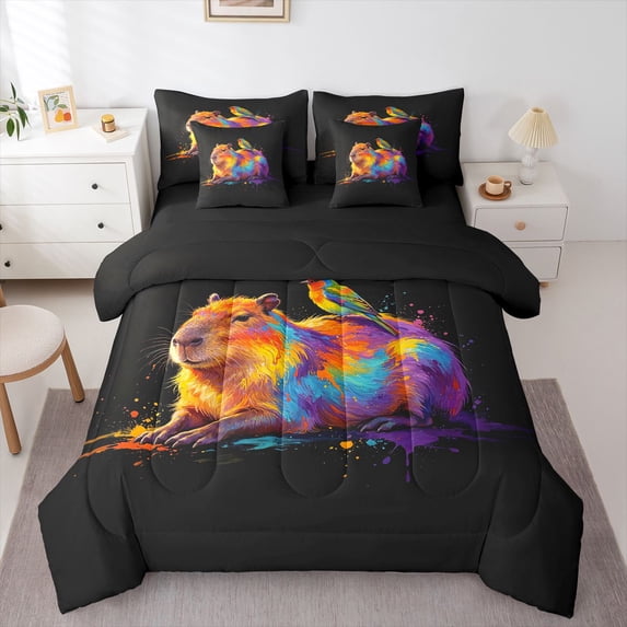 Manfei Cute Little Birds 7pcs Queen Bedding,Lovely Capybara Bedding Comforter Set Queen,Black,Black Reversible