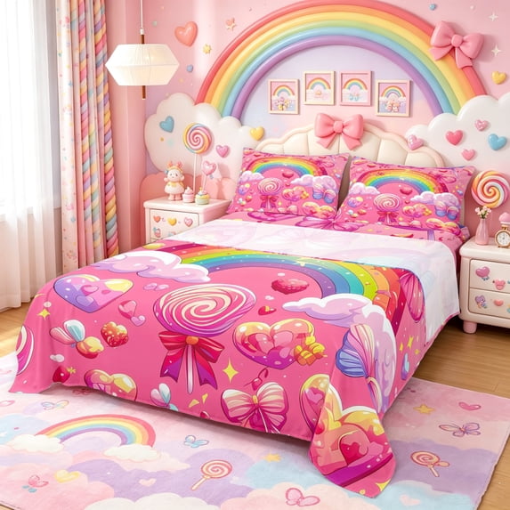 Manfei Cute Lollipop Queen Sheets, Heart Butterfly Queen Sheet Sets, Hot Pink, 4 Pieces, 1 Flat Sheet, 1 Fitted Sheet and 2 Pillowcases