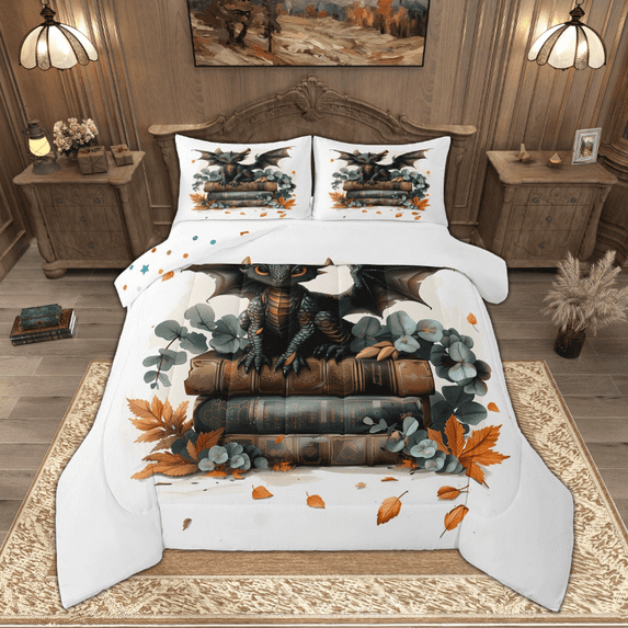 Manfei Cute Magic Dragon Queen Comforter Set for Kids, Vintage Magical Books Bedding Sets, Botanical Leaves Bedding Comforter Set Ultra Soft Home Decor Reversible 3-Piece