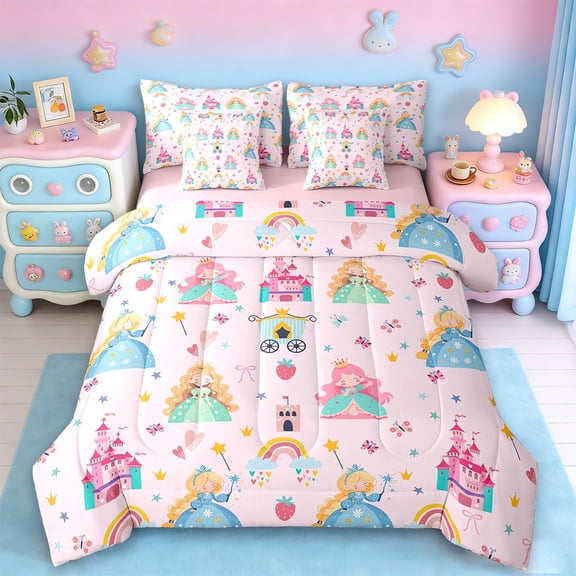 Manfei Cute Magical Princess 7pcs Bedding Comforter Set,Fairy Tale Girly Theme Queen Bedding Sets,Cartoon Castle Rainbow Queen Sheet Sets For Kids,Ultra Soft Home Decor Reversible