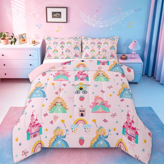 Manfei Cute Magical Princess Bedding Comforter Set,Fairy Tale Girly Theme Twin Comforter Sets,Cartoon Castle Rainbow Bedding Set For Kids,Ultra Soft Home Decor Reversible,2-Piece