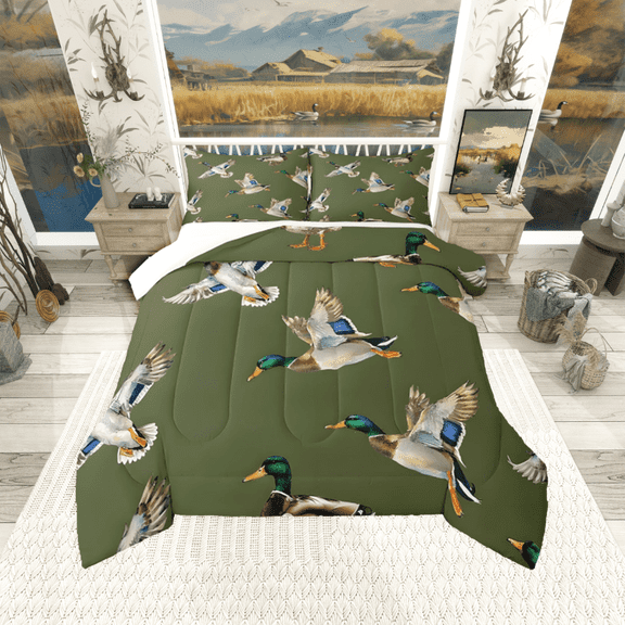 Manfei Cute Mallard Duck 2pcs Twin Comforter Set - Wildlife Hunting Green Brown Style