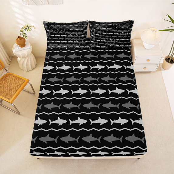 Manfei Cute Marine Shark Fitted Sheet Full, Nautical Wave Line Bed Set, Black Gray, 3pcs, 1 Fitted Sheet and 2 Pillowcases