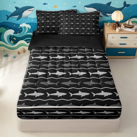 Manfei Cute Marine Shark Zipper Twin Comforter Sets with Fitted Sheet and 2 Pillowcases, Nautical Wave Line Zipper Bedding Set, Black Gray, Black Reversible, 4pcs