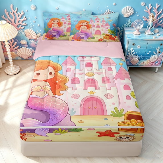 Manfei Cute Mermaid Castle Zipper Twin Comforter Sets with Fitted Sheet and 2 Pillowcases, Sea Animal Zipper Bedding Set, Aqua Pink, Pink Reversible, 4 Pieces