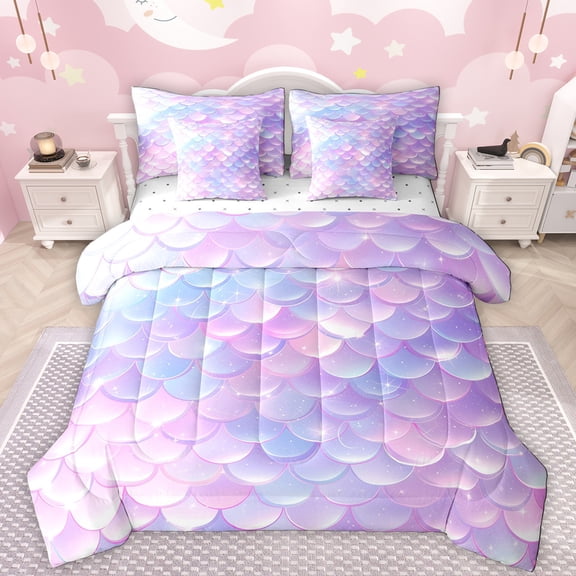 Manfei Cute Mermaid Pattern 7-Piece Twin Bedding Sets,Cartoon Ocean Sealife Bedding Comforter Set,Pink Purple Ombre Sheet Sets For Girls Kids,Super Cozy Room Decor Reversible