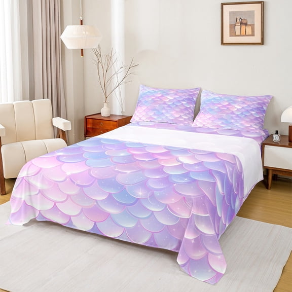 Manfei Cute Mermaid Pattern Twin Sheet Sets,Cartoon Ocean Sealife Twin Fitted Sheet,Pink Purple Ombre Flat Sheet For Girls Kids,Super Cozy Room Decor,3-Piece