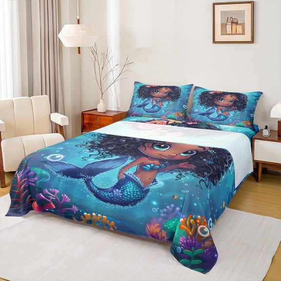 Manfei Cute Mermaid Princess Bed Sheets,Colorful Ocean Coral King Sheets,Magic Sea Animal Sheet Set For Girl Kids,Ultra Soft Home Decor,4-Piece