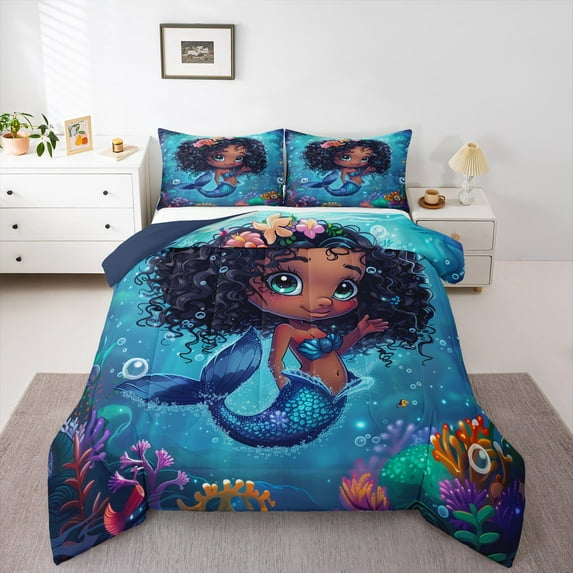Manfei Cute Mermaid Princess Bedding Comforter Set,Colorful Ocean Coral Twin Comforter Sets,Magic Sea Animal Bedding Set For Girl Kids,Ultra Soft Home Decor Reversible,2-Piece