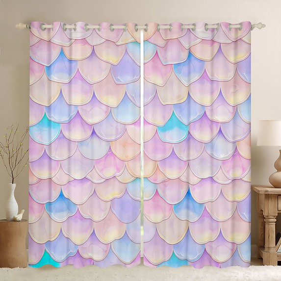 Manfei Cute Mermaid Tail Blackout Curtains, Dreamy Fish Scale Window Curtains Pack of 2 (38x45 Each), Pink Blue