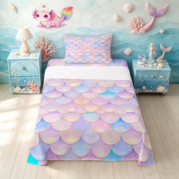 Manfei Cute Mermaid Tail Twin Sheets, Dreamy Fish Scale Bedding, Pink Blue, 3 Pieces, 1 Flat Sheet, 1 Fitted Sheet and 1 Pillowcase