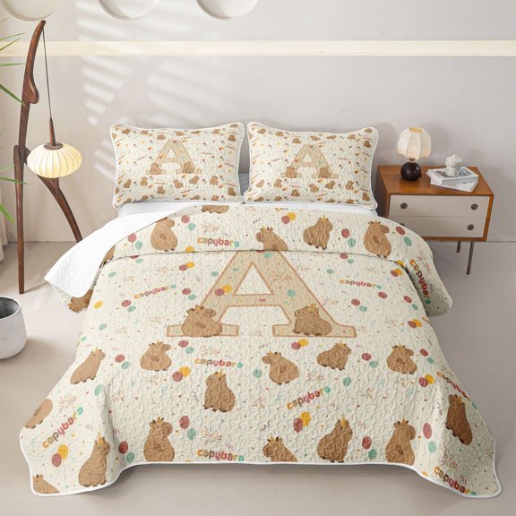 Manfei Cute Monogram A Twin Quilt Set,Lovely Capybara Print Twin Coverlet Set,Yellow,2-Piece