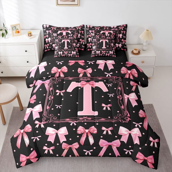 Manfei Cute Monogram T 7 Pieces Full Size Bedding Sets,Pretty Bow Full Size Bed in a Bag,Black Pink,Black Reversible