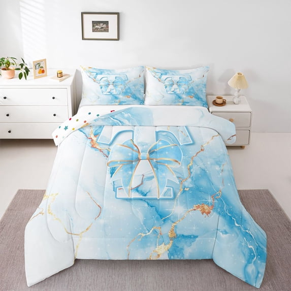 Manfei Cute Monogram T Queen Comforter Set,Pretty Bownot Comforter Sets Queen,Golden Blue,Polkadot Reversible,3-Piece,1 Comforter and 2 Pillowcases