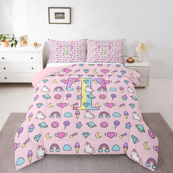 Manfei Cute Monogram T Queen Comforter Set,Simple Unicorn Candy Comforter Sets Queen,Pink Multicolor,Pink Reversible,3-Piece,1 Comforter and 2 Pillowcases