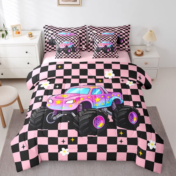 Manfei Cute Monster Truck 7-Piece Twin Bedding,Pink Checkboard Bedding Comforter Set,Pink Reversible