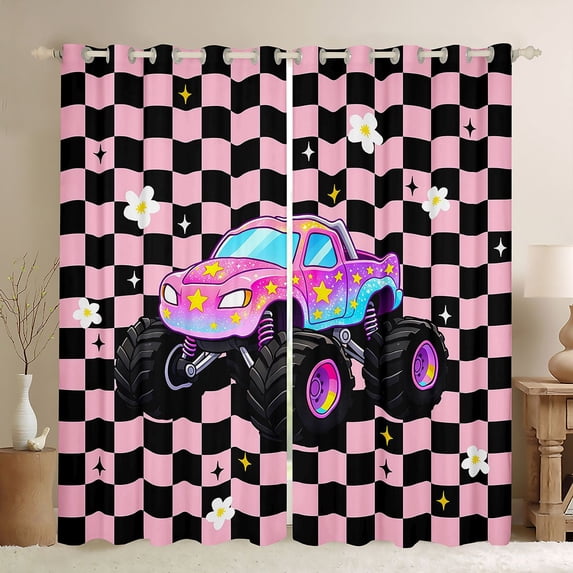Manfei Cute Monster Truck Blackout Curtains,Pink Checkboard Curtains Pack of 2 (42x84 Each)