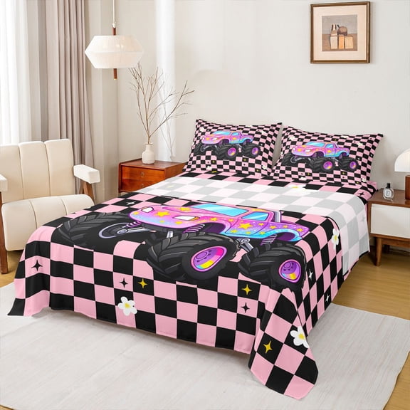 Manfei Cute Monster Truck Queen Sheets,Pink Checkboard Queen Sheet Sets,4pcs,1 Flat Sheet, 1 Fitted Sheet and 2 Pillowcases