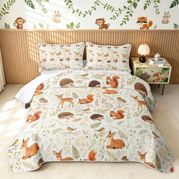 Manfei Cute Moose Fox Bed Spread Queen, Woodland Leaf Botanical Queen Coverlet Set, Cream Tan, Gray Reversible, 3pcs, 1 Quilt and 2 Pillowcases