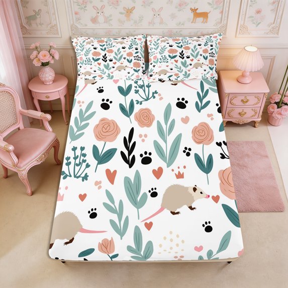 Manfei Cute Mouse Fitted Sheet Full 3 Pieces,Cartoon Flowers Bed Set,1 Fitted Sheet and 2 Pillowcases