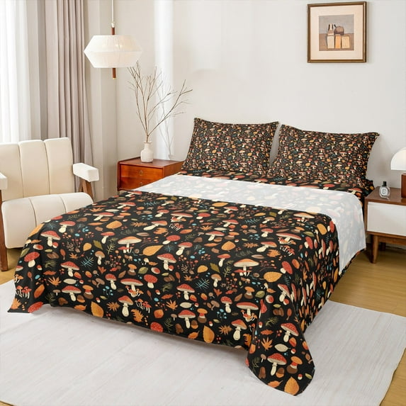 Manfei Cute Mushroom Bed Sheets for Kids Girls, Green Leaves King Sheets, Botanical Plant Theme Sheet Set, Black Red Orange Breathable Home Decor 4pcs