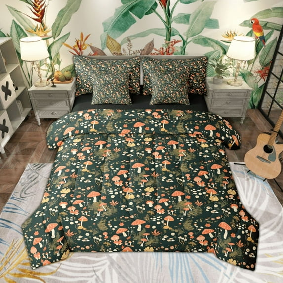 Manfei Cute Mushroom Bedding Comforter Set for Kids Girls, Green Leaves Full Bedding Set, Botanical Plant Theme Fitted Sheet Flat Sheet, Black Pink Green Room Decor Reversible 7 Pieces