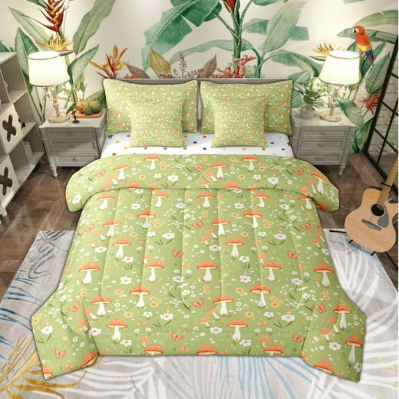 Manfei Cute Mushroom Bedding Comforter Set for Kids Girls, Green Leaves King Bedding Sets, Botanical Plant Theme Bed Sheets, Green Pink Microfiber Bedroom Decor Reversible 7 Pieces