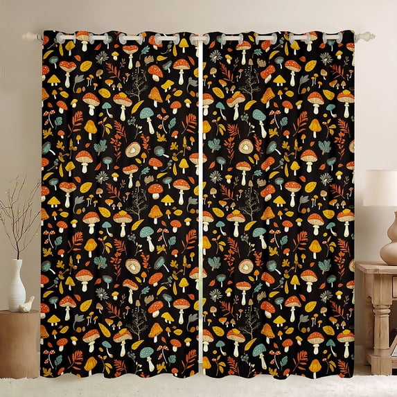 Manfei Cute Mushroom Curtains Pack of 2 (42x84 Each) for Kids Girls, Green Leaves Curtains Blackout, Botanical Plant Theme Bedroom Curtains, Black Orange Teal Luxury Bedroom Decor