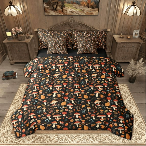 Manfei Cute Mushroom Twin Bedding Sets for Kids Girls, Green Leaves Bedding Comforter Set, Botanical Plant Theme Sheet Sets, Black Red Orange Breathable Home Decor Reversible 7 Pieces