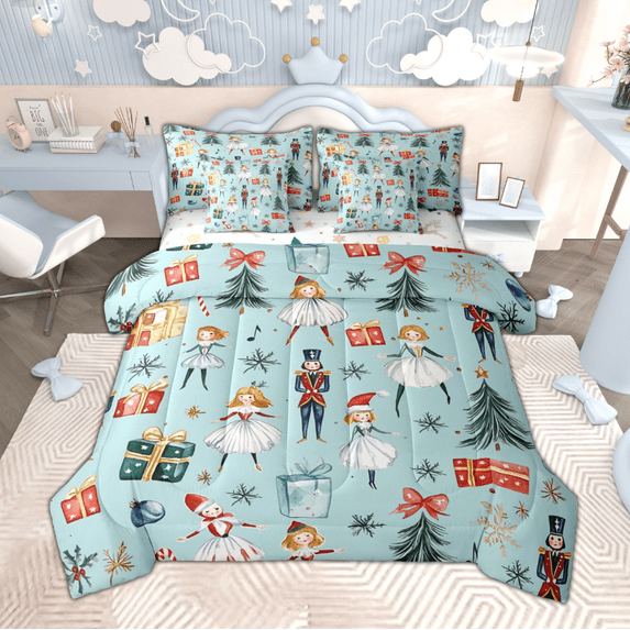 Manfei Cute Nutcracker Bedding Comforter Set 7pcs for Kids, Christmas Tree Snowflake Full Bedding Set, Blue Merry Xmas Fitted Sheet Flat Sheet, Lightweight Room Decor