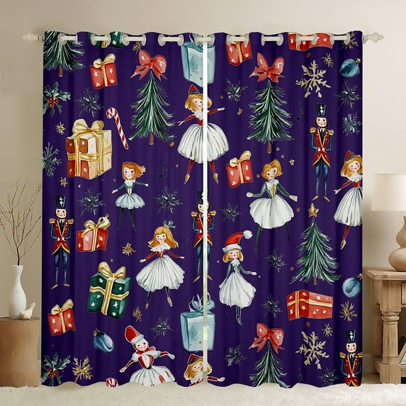 Manfei Cute Nutcracker Black Out Curtains for Kids, Christmas Tree Snowflake Curtains Pack of 2 (42x63 Each), Dark Purple Merry Xmas Bedroom Curtains, Luxury Bedroom Decor