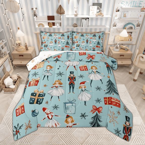 Manfei Cute Nutcracker Queen Comforter Set for Kids, Christmas Tree Snowflake Bedding Sets, Blue Merry Xmas Bedding Comforter Set, Lightweight Room Decor Reversible 3 Pieces