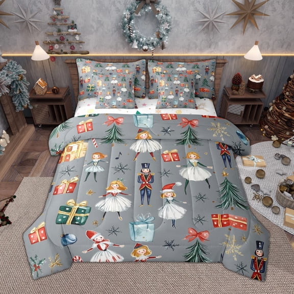 Manfei Cute Nutcracker Twin Bedding Sets 7pcs for Kids, Christmas Tree Snowflake Bedding Comforter Set, Gray Merry Xmas Sheet Sets, Ultra Soft Home Decor