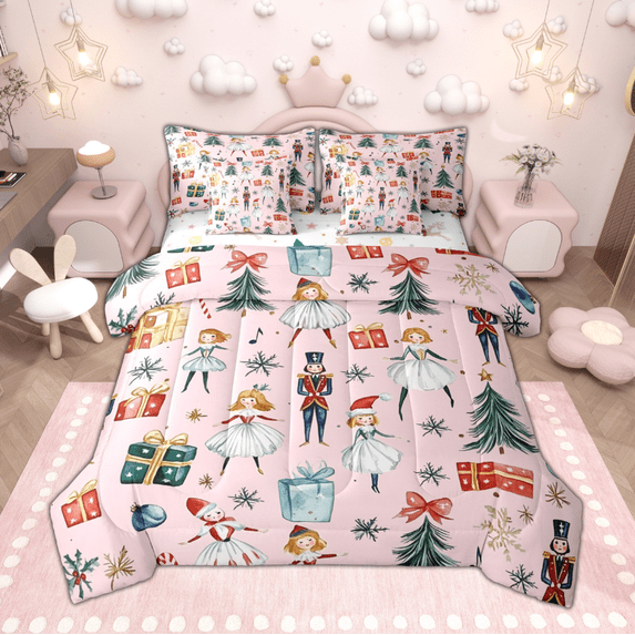 Manfei Cute Nutcracker Twin Bedding Sets 7pcs for Kids, Christmas Tree Snowflake Bedding Comforter Set, Pink Merry Xmas Sheet Sets, Super Cozy Room Decor