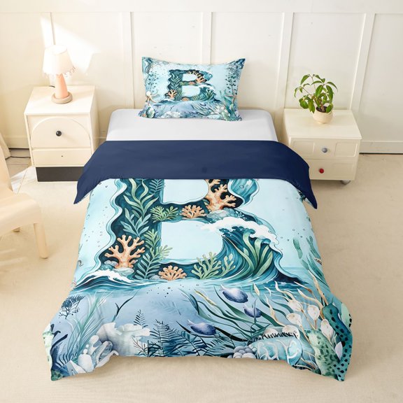 Manfei Cute Ocean Animals Twin Duvet Cover,Monogram B Design Twin Bedding,Multicolor,Navy Blue Reversible,2pcs,1 Duvet Cover and 1 Pillowcase