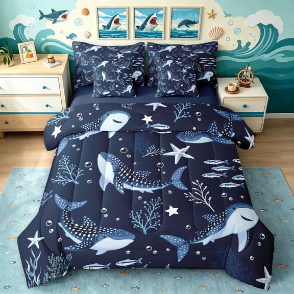 Manfei Cute Ocean Full Size Bedding Sets, Whale Shark Coral Full Size Bed in a Bag, Navy Blue, Blue Reversible, 7 Pieces