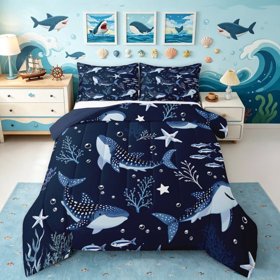 Manfei Cute Ocean Full Size Comforter Sets, Whale Shark Coral Bedding Comforter Set, Navy Blue, Blue Reversible, 3 Pieces, 1 Comforter and 2 Pillowcases