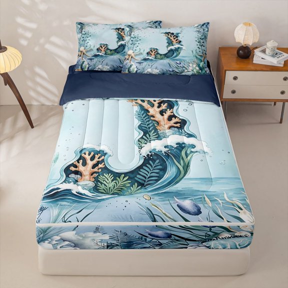 Manfei Cute Ocean Themed Art Zipper Twin Comforter Sets with Fitted Sheet and 2 Pillowcases,Letter J Print Zipper Bedding Set,Multicolor,Navy Blue Reversible,4pcs