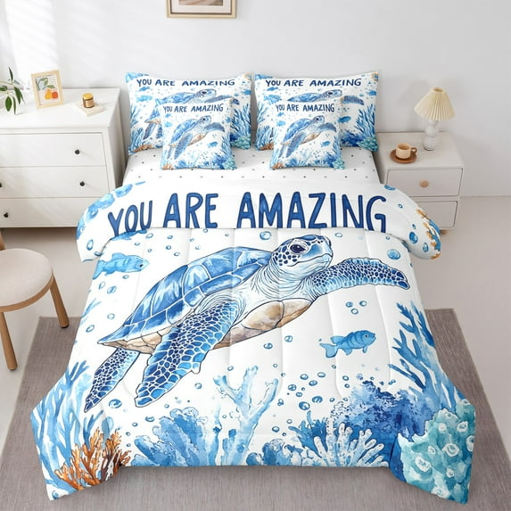 Manfei Cute Ocean Trutle Bedding Comforter Set 7-Piece,Colorful Ink Paingting King Bedding Sets,Blue White Bed Sheets For Boys Kids,Luxury Bedroom Decor